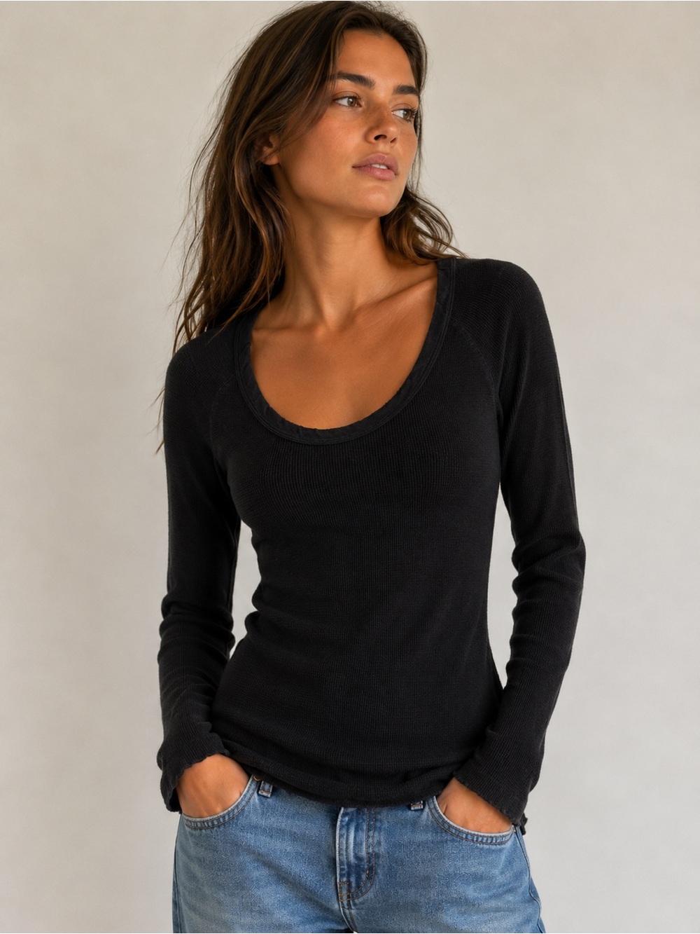 James Perse Standard Waffle Knit Top Black Long Sleeve Scoop Neck 2